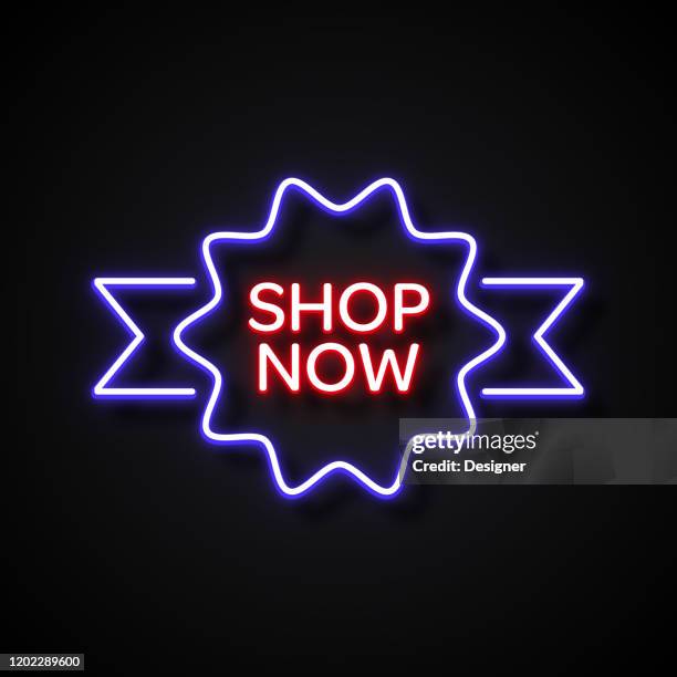 shop now neon style, design elements - crowded store stock illustrations