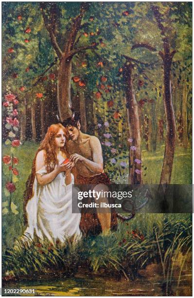 stockillustraties, clipart, cartoons en iconen met antieke illustratie: vooravond en duivel - adam and eve