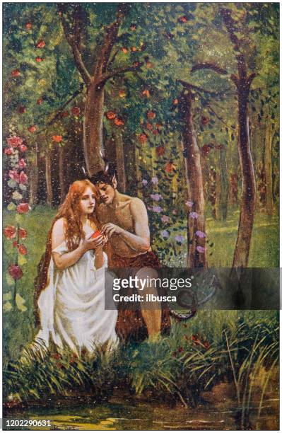 antique illustration: eve and devil - adam and eve stock illustrations