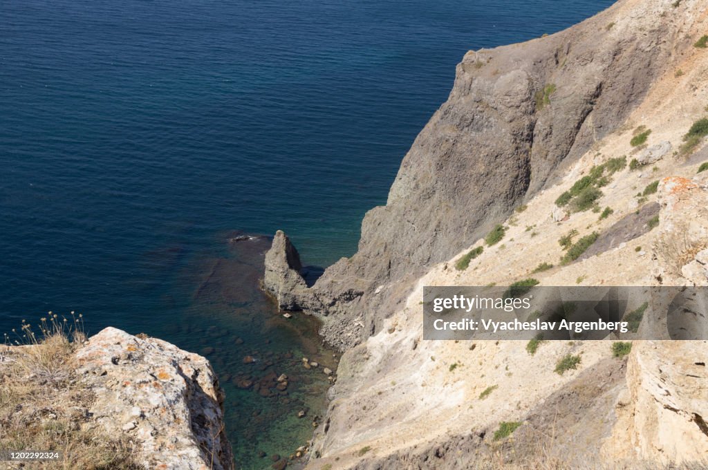 Seascape with rocky coastline west of Cape Fiolent, Black Sea, Crimea
