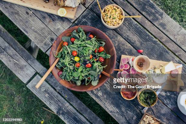 over head shot of fresh food on picnic table - salad bowl stock pictures, royalty-free photos & images