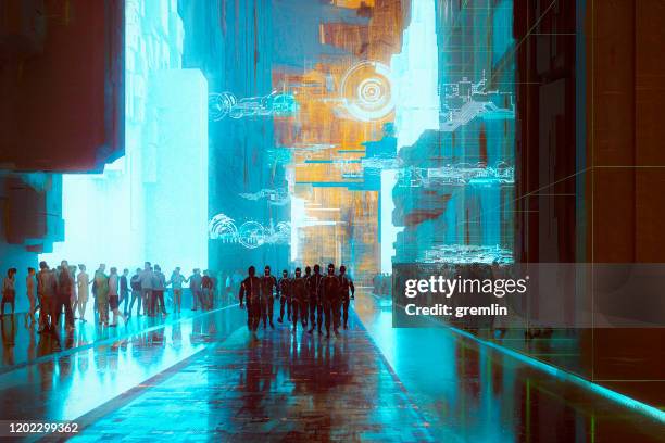 futuristic city street at night - dystopian future city stock pictures, royalty-free photos & images