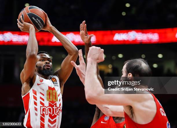 Kevin Punter of Crvena Zvezda in action against Kosta Koufos of CSKA Moscow during the 2019/2020 Turkish Airlines EuroLeague Regular Season Round 25...