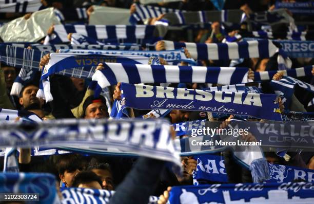 The Brescia Calcio fans show their support before the Serie A match between Brescia Calcio and SSC Napoli at Stadio Mario Rigamonti on February 21,...