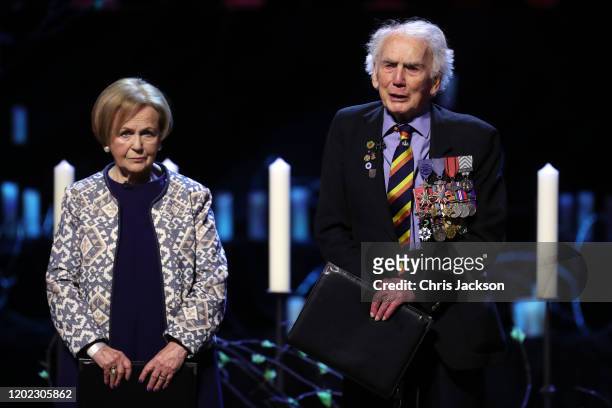 Mala Tribich MBE, Bergen-Belsen survivor and Ian Forsyth MBE speak during the UK Holocaust Memorial Day Commemorative Ceremony in Westminster on...