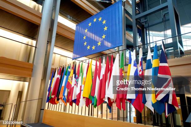 The British Union Jack flag is displayed amongst European Union member countries' national flags inside of the European Parliament on January 27,...