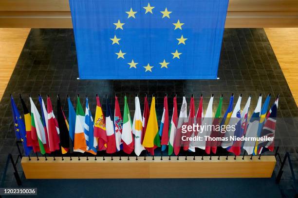 The British Union Jack flag is displayed amongst European Union member countries' national flags inside of the European Parliament on January 27,...