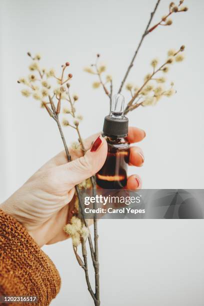 female hand holding essencial camomile oil - huile de massage photos et images de collection