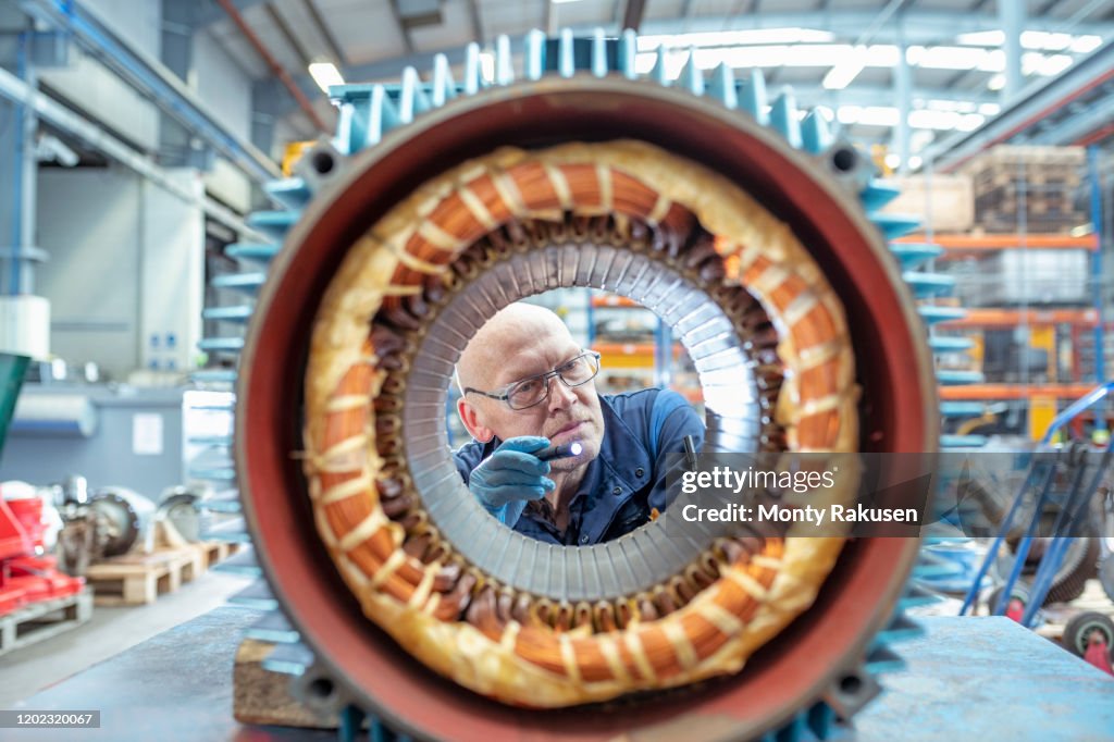 Winding Engineering Electrical Engineer Inspecting Winding On Generator Stator In ...