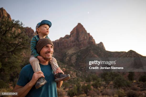 a father and his son hiking a scenic trail - familie wandern stock-fotos und bilder