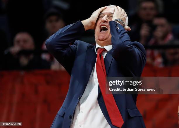 Head coach Dragan Sakota of Crvena Zvezda reacts during the 2019/2020 Turkish Airlines EuroLeague Regular Season Round 25 match between Crvena Zvezda...