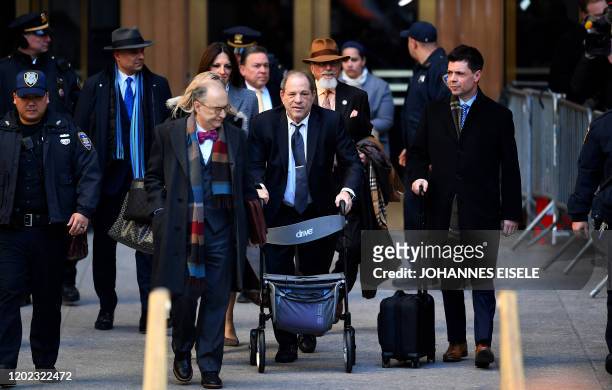 Harvey Weinstein leaves the Manhattan Criminal Court, as a jury continues with deliberations on February 21, 2020 in New York City. The disgraced...