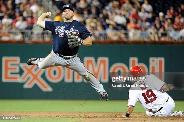 Dan Uggla of the Atlanta Braves throws the ball into the stands for an error after forcing out Laynce Nix of the Washington Nationals at Nationals...