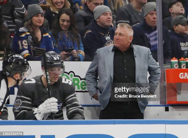Hall of Fame member Brett Hull handles the bench in the game between Pacific Division and Central Division during the 2020 Honda NHL All-Star Game at...