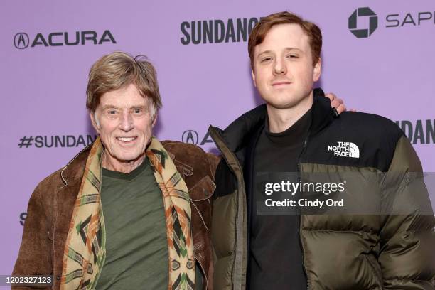 Robert Redford and Dylan Redford attend the 2020 Sundance Film Festival - "Omniboat: A Fast Boat Fantasia" Premiere at Library Center Theater on...