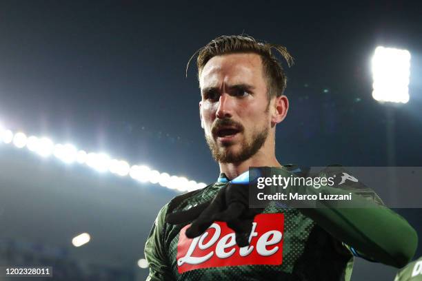 Fabian Ruiz of SSC Napoli celebrates his goal during the Serie A match between Brescia Calcio and SSC Napoli at Stadio Mario Rigamonti on February...