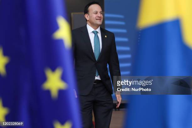Leo Varadkar the Taoiseach, prime minister and head of government of Ireland at the Special European Council arrives at Forum Europa building and has...