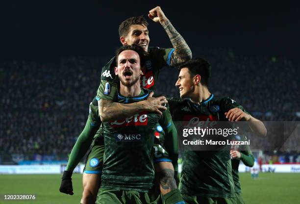 Fabian Ruiz of SSC Napoli celebrates after scoring the second goal of his team with team-mates during the Serie A match between Brescia Calcio and...