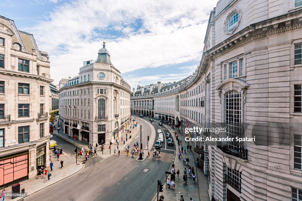 Wide angle view of Regent Street seen from above, London, UK