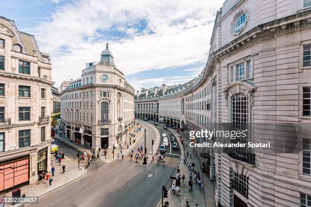 wide angle view of regent street seen from above, london, uk - central london stock pictures, royalty-free photos & images