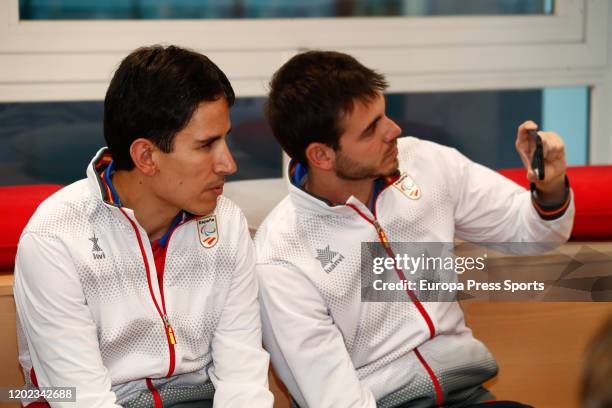 Sergio Rodriguez and Adolfo Acosta of football team take a mobile photo during an act of signature of sponsorship between Iberia and the Spanish...