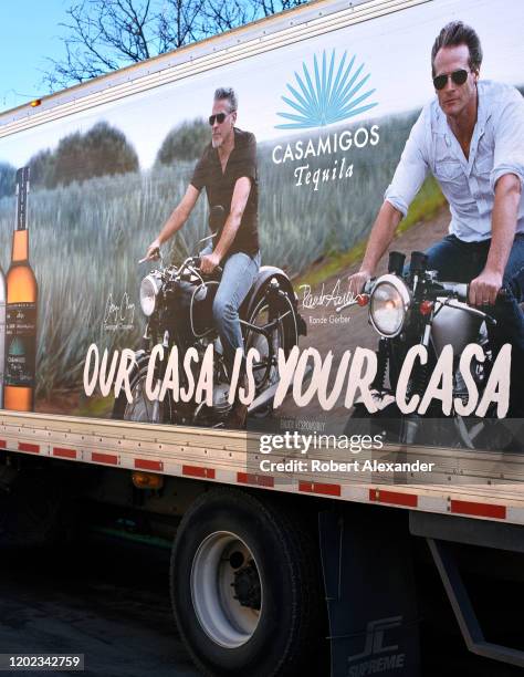 Truck and driver delivers Casamigos tequila in Santa Fe, New Mexico. Casamigos is a tequila company founded in 2013 by George Clooney, Rande Gerber...