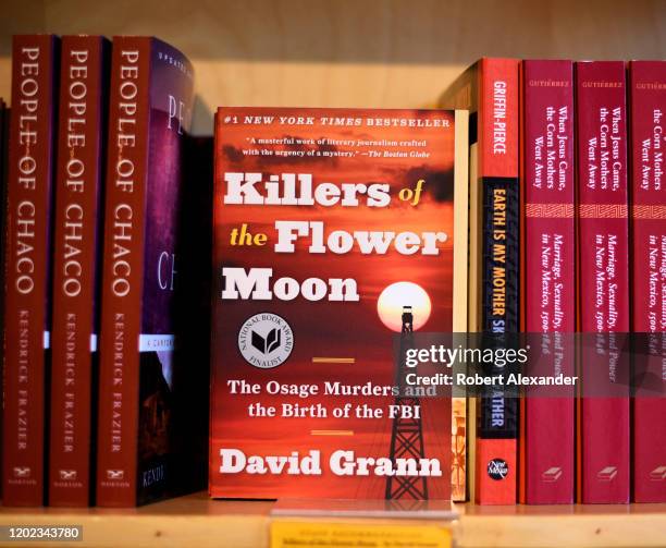 Copy of the best-selling 'Killers of the Flower Moon' by David Grann for sale in a bookstore in Santa Fe, New Mexico.