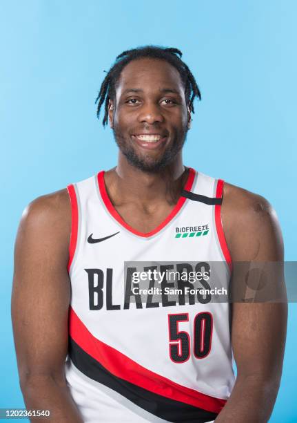 February 20: Caleb Swanigan of the Portland Trail Blazers poses for a headshot on February 20, 2020 at the Trail Blazer Practice Facility in...