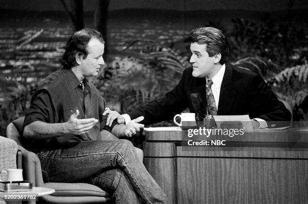 Pictured: Actor Bill Murray during an interview with guest host Jay Leno on June 22, 1990 --