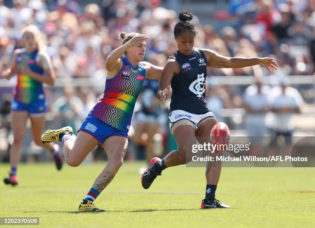 Mua Laloifi of the Blues is tackled by Deanna Berry of the Bulldogs during the 2020 AFLW Round 03 match between the Western Bulldogs and the Carlton...