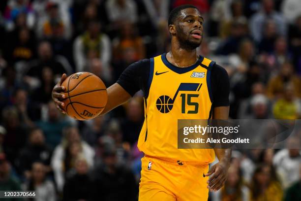 Emmanuel Mudiay of the Utah Jazz in action during a game against the San Antonio Spurs at Vivint Smart Home Arena on February 21, 2020 in Salt Lake...