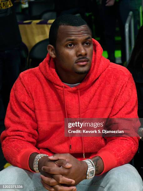 Quarterback Deshaun Watson of the Houston Texans attends the Los Angeles Lakers and Memphis Grizzlies basketball game at Staples Center on February...