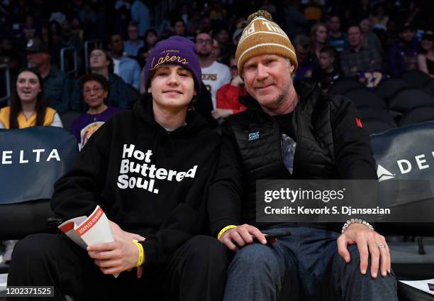 Mattias Ferrell and Will Ferrell attend the Los Angeles Lakers and Memphis Grizzlies basketball game at Staples Center on February 21, 2020 in Los...