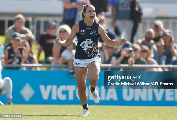 Nicola Stevens of the Blues celebrates a goal during the 2020 AFLW Round 03 match between the Western Bulldogs and the Carlton Blues at VU Whitten...