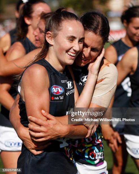 Georgia Gee and Natalie Plane of the Blues celebrate during the 2020 AFLW Round 03 match between the Western Bulldogs and the Carlton Blues at VU...