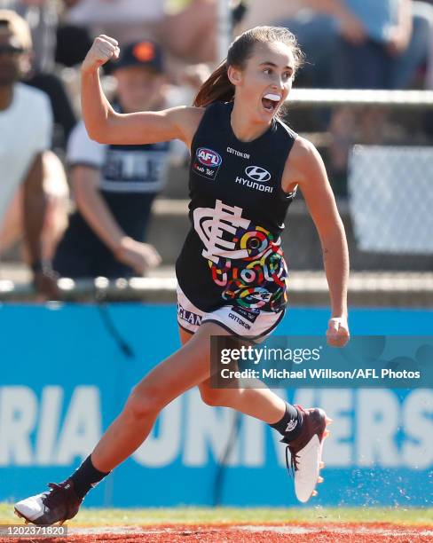 Georgia Gee of the Blues celebrates during the 2020 AFLW Round 03 match between the Western Bulldogs and the Carlton Blues at VU Whitten Oval on...