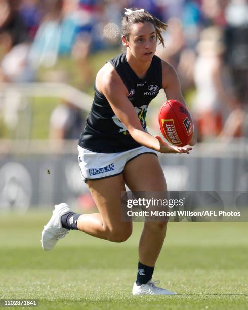 Nicola Stevens of the Blues in action during the 2020 AFLW Round 03 match between the Western Bulldogs and the Carlton Blues at VU Whitten Oval on...