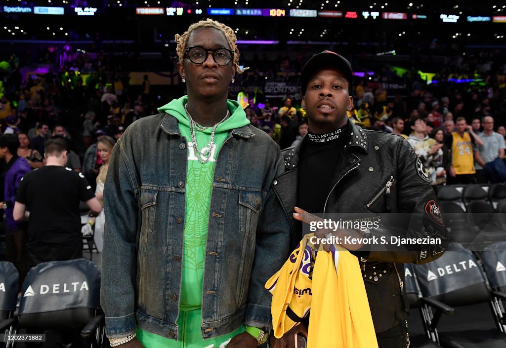 Lil Duke Rapper Rapper Young Thug and Lil Duke attend the Los Angeles Lakers and ...