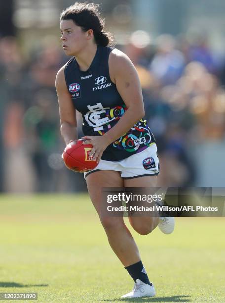 Madison Prespakis of the Blues in action during the 2020 AFLW Round 03 match between the Western Bulldogs and the Carlton Blues at VU Whitten Oval on...