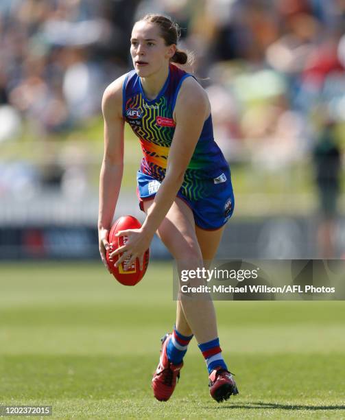 Isabel Huntington of the Bulldogs kicks the ball during the 2020 AFLW Round 03 match between the Western Bulldogs and the Carlton Blues at VU Whitten...