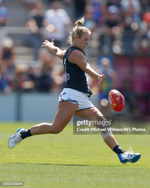 Katie Loynes of the Blues kicks the ball during the 2020 AFLW Round 03 match between the Western Bulldogs and the Carlton Blues at VU Whitten Oval on...