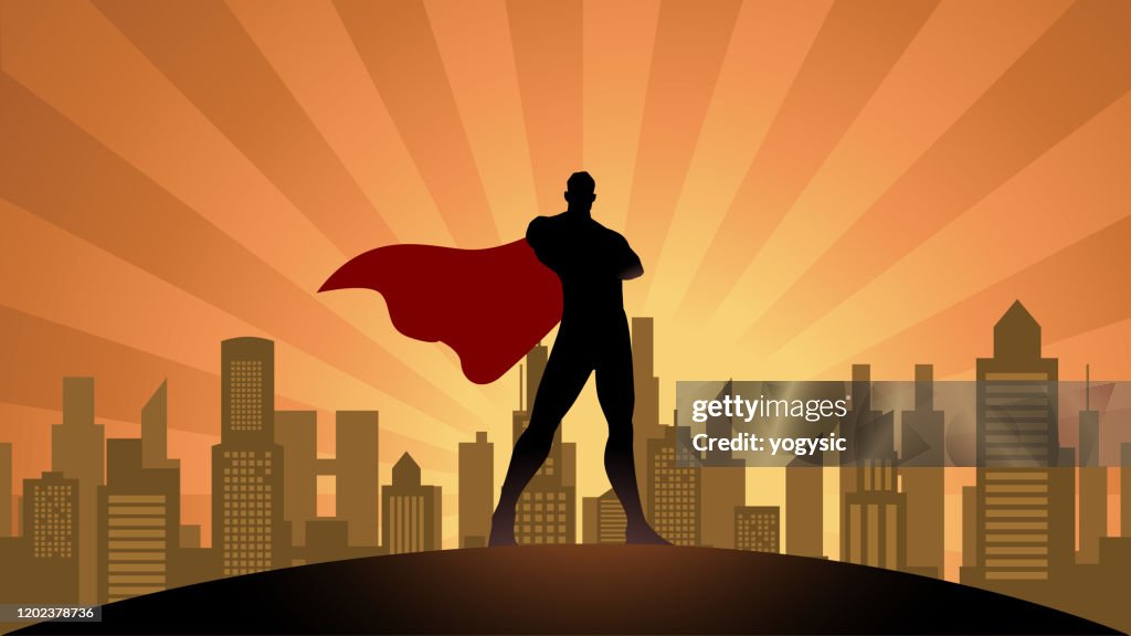 Vector Superhero Silhouette in The City Stock Illustration
