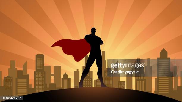 vector superhero silhouette in the city stock illustration - cape garment stock illustrations