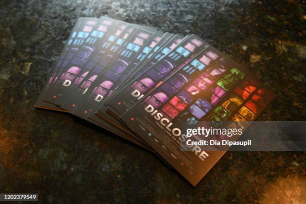 Disclosure flyers are seen at It Gets Better House Hosts Happy Hour Celebrating "Disclosure: Trans Lives On Screen" on January 27, 2020 in Park City,...