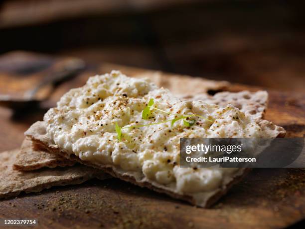 queijo ricota caseiro em biscoitos crocantes de centeio - ricota - fotografias e filmes do acervo