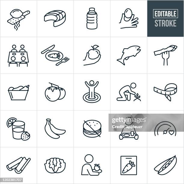 ilustraciones, imágenes clip art, dibujos animados e iconos de stock de iconos de línea fina de alimentación saludable - trazo editable - fruit drink