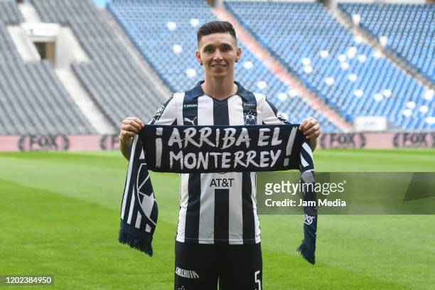 Matias Kranevitter of Monterrey poses with a scarf of the team during a press conference to unveil Monterrey's new signings on January 27, 2020 in...