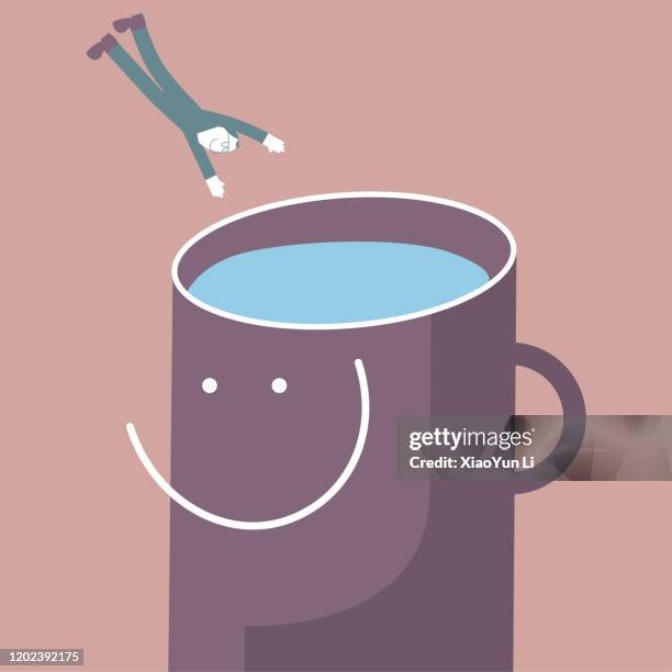 with a smiling expression, the brain is a swimming pool, and a man is diving. isolated on brown background. - diving to the ground stock illustrations