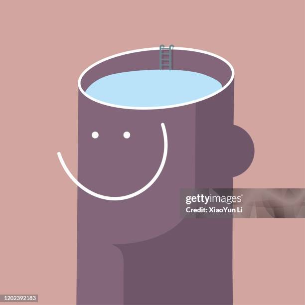 with a smiling expression, the brain is a swimming pool. isolated on brown background. - face reflection water stock illustrations