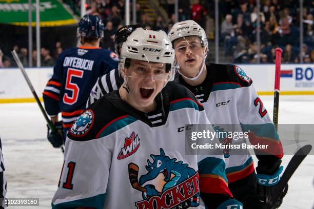 Pavel Novak of the Kelowna Rockets celebrates the first goal against the Kamloops Blazers at Prospera Place on January 11, 2020 in Kelowna, Canada.